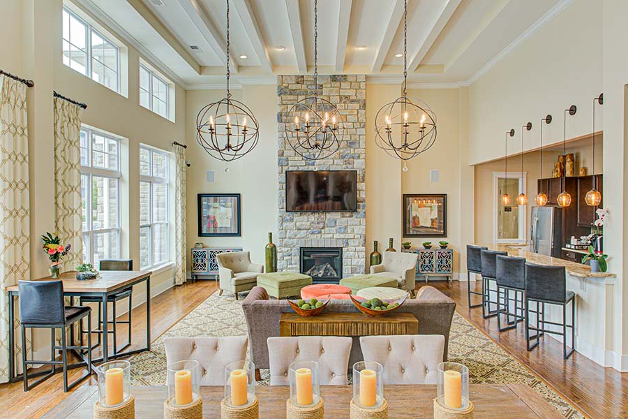 The fireplace and bar counter in the common room at Ivy Flats Apartments.