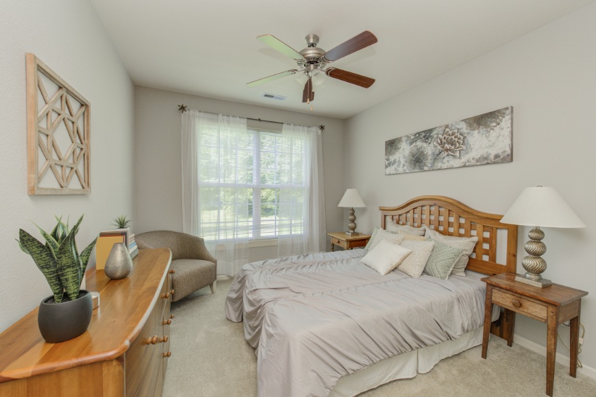 Model bedroom in a Indianapolis apartment.