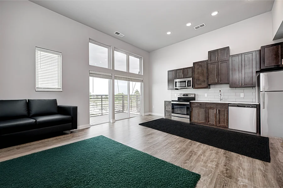 apartment kitchen and living space with modern finishes
