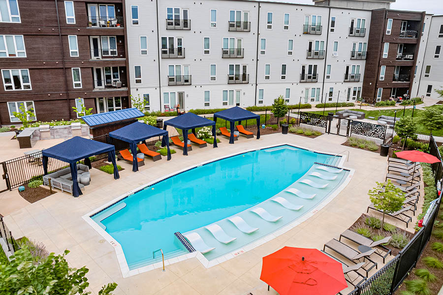 Clear water pool located at Spark Apartments.